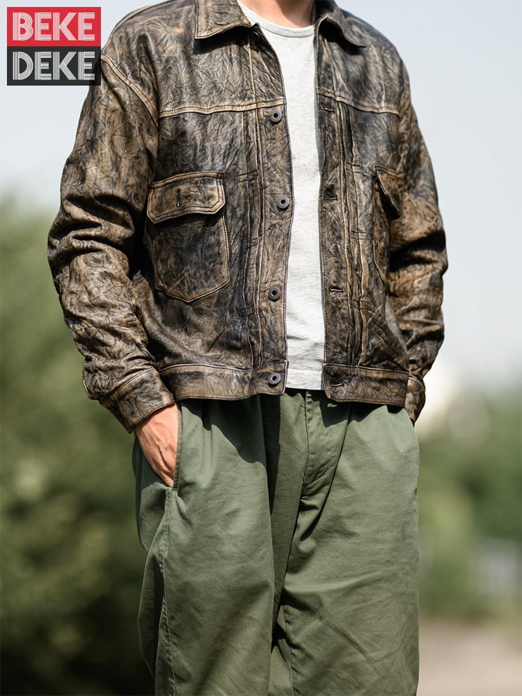 Vintage Wrinkled Real Sheepski - Leather Work Jacket Mens ulasan dan harga