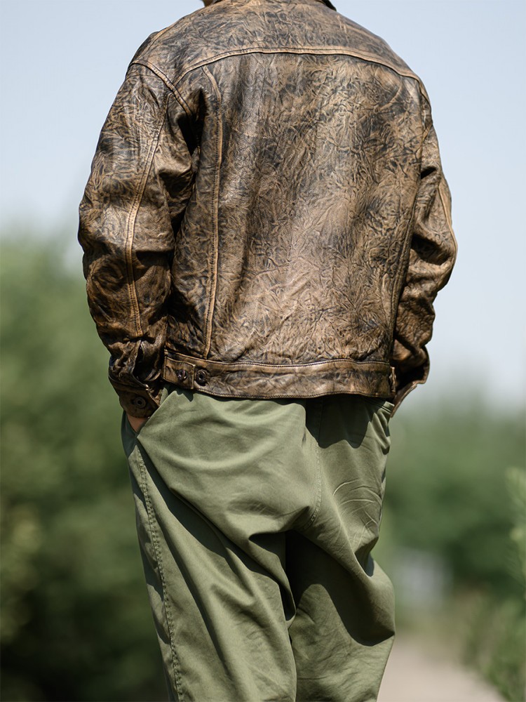 Vintage Wrinkled Real Sheepski - Leather Work Jacket Mens ulasan dan harga